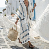 Abito caftano a righe da donna – Lungo scollo a V bianco blu navy oro