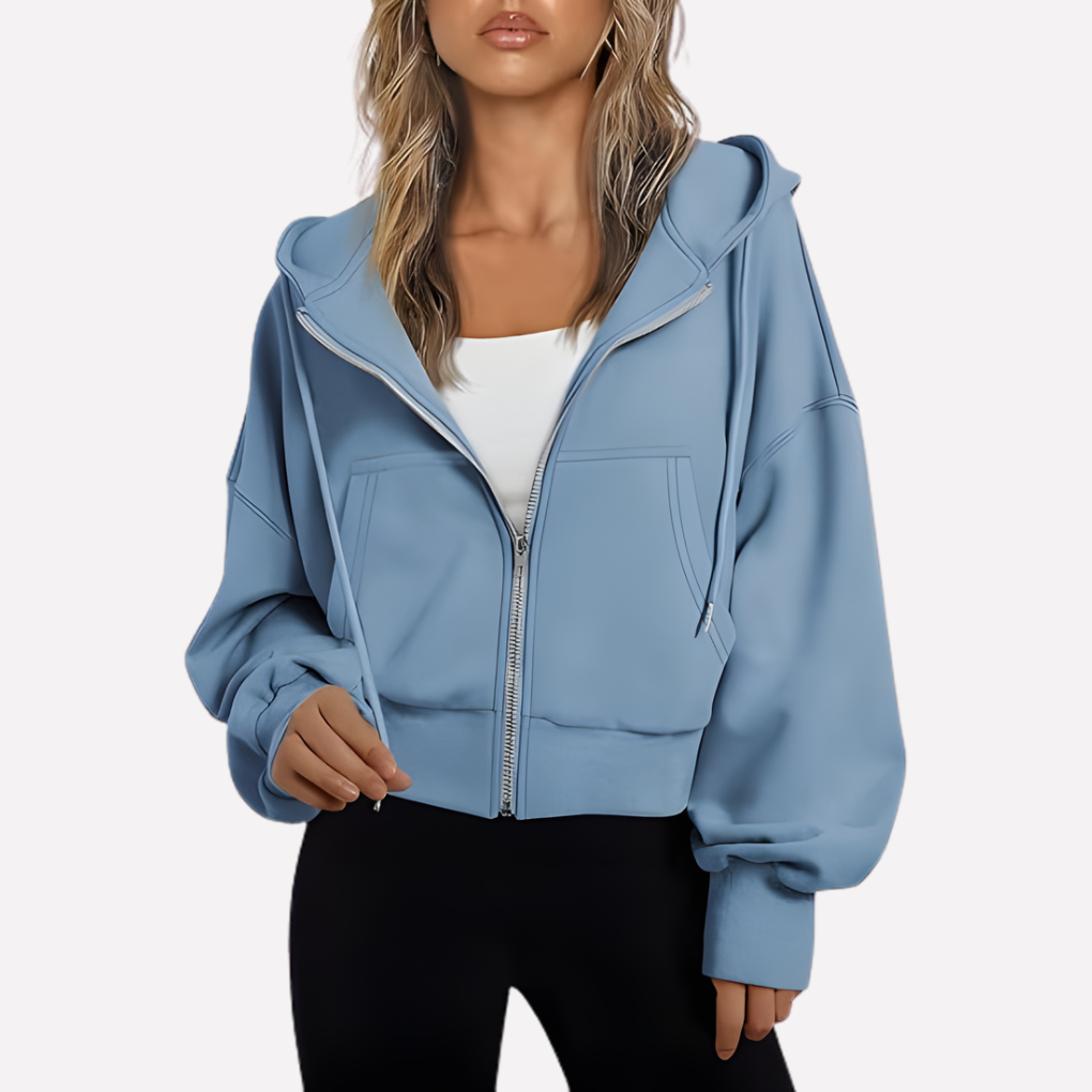 Felpa con zip da donna, vestibilità comoda, corta, con coulisse