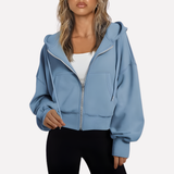 Felpa con zip da donna, vestibilità comoda, corta, con coulisse