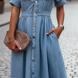 Elegante abito midi in denim blu da donna – Completo con camicia e cintura