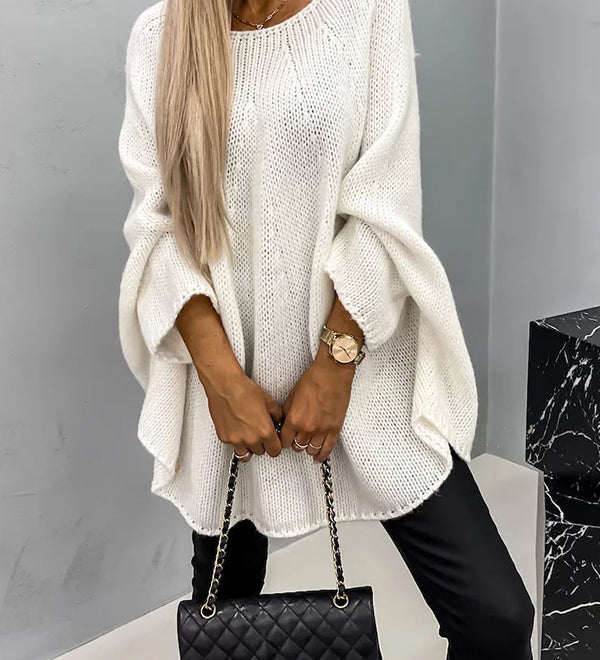 Poncho in maglia drappeggiato da donna – Maglione dal taglio rilassato con scollo rotondo, ideale per un look casual elegante a strati