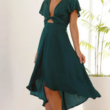 Elegante abito midi in raso con scollo a V profondo da donna maniche a farfalla e gonna asimmetrica fluida