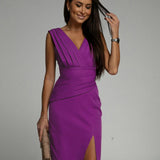 Abito da cocktail midi con scollo a V per invitati a matrimoni - Elegante, lusinghiero