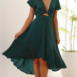 Elegante abito midi in raso con scollo a V profondo da donna maniche a farfalla e gonna asimmetrica fluida
