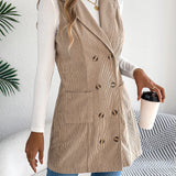 Giacca-gilet lunga da donna in velluto a coste tinta unita – Modello casual a doppio petto con tasche, ideale per look a strati