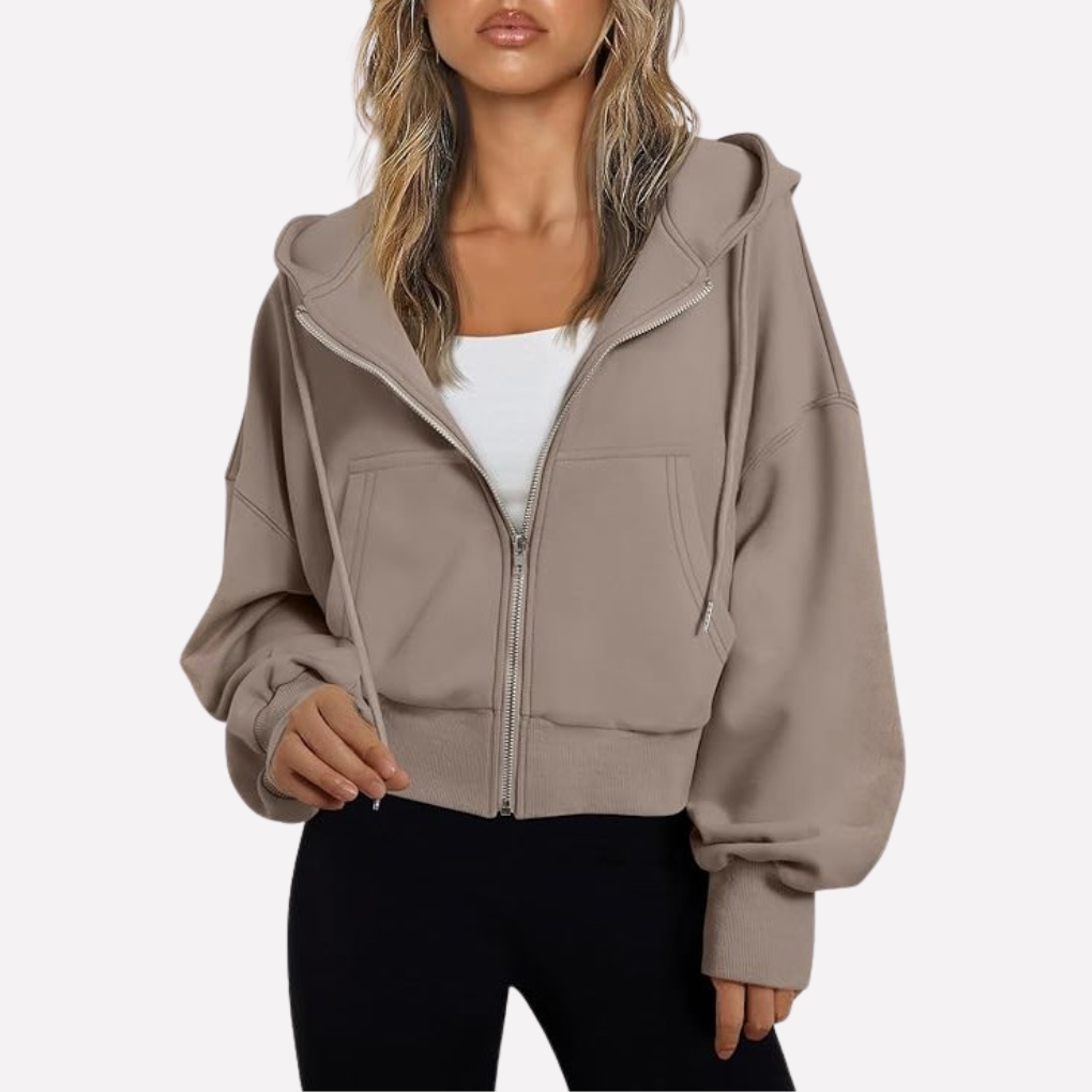 Felpa con zip da donna, vestibilità comoda, corta, con coulisse