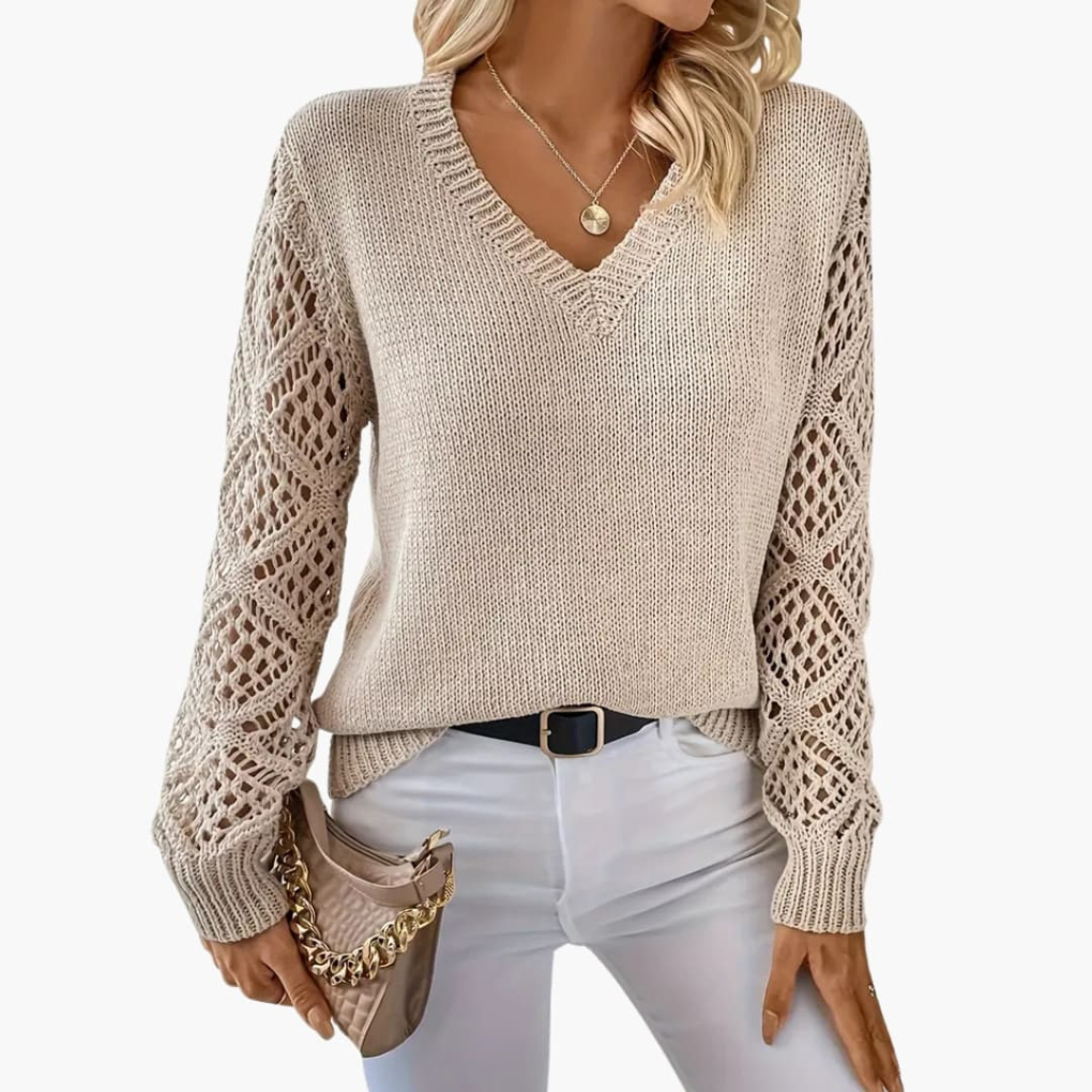 Maglione Donna a V Lavorato a Maglia con Dettaglio Maniche Aperte
