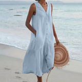 Abito estivo da donna senza maniche – vestito midi con bottoni e tasche