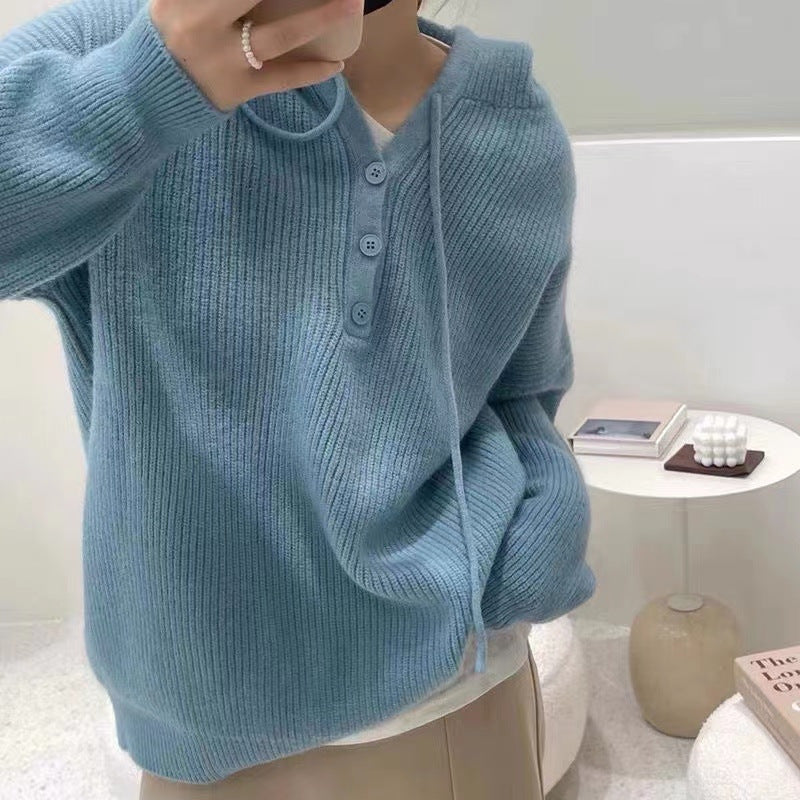 Maglione da donna con cappuccio e lavorazione a coste – Pullover morbido con scollo con bottoni per comodi look quotidiani a strati
