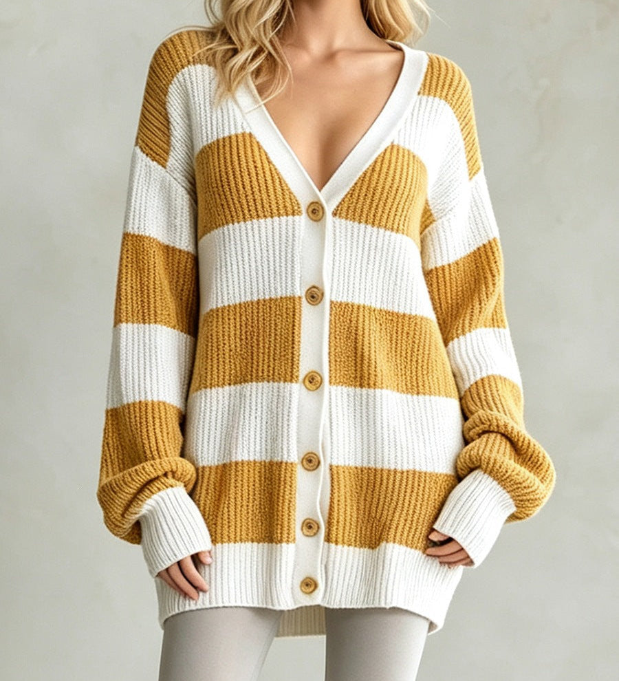 Cardigan cappotto donna a righe in maglia - Morbido e comodo
