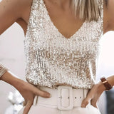Canotta da donna con scollo a V e paillettes – Elegante top senza maniche