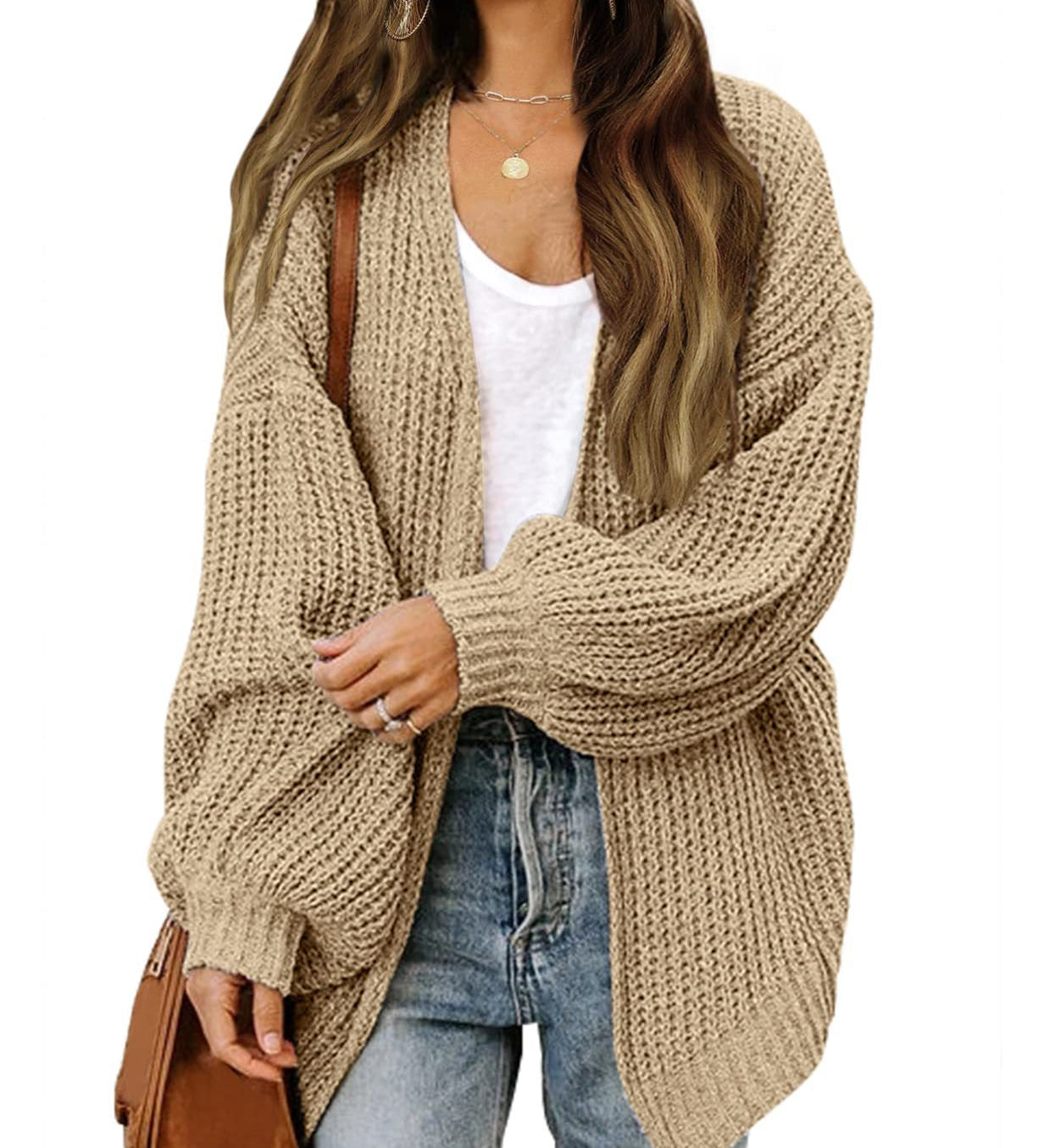 Cardigan da donna in maglia grossa – Modello oversize avvolgente con maniche a lanterna