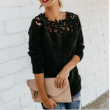 Maglione Donna in Maglia con Dettaglio in Pizzo Elegante Scollo Floreale Morbido e Leggero