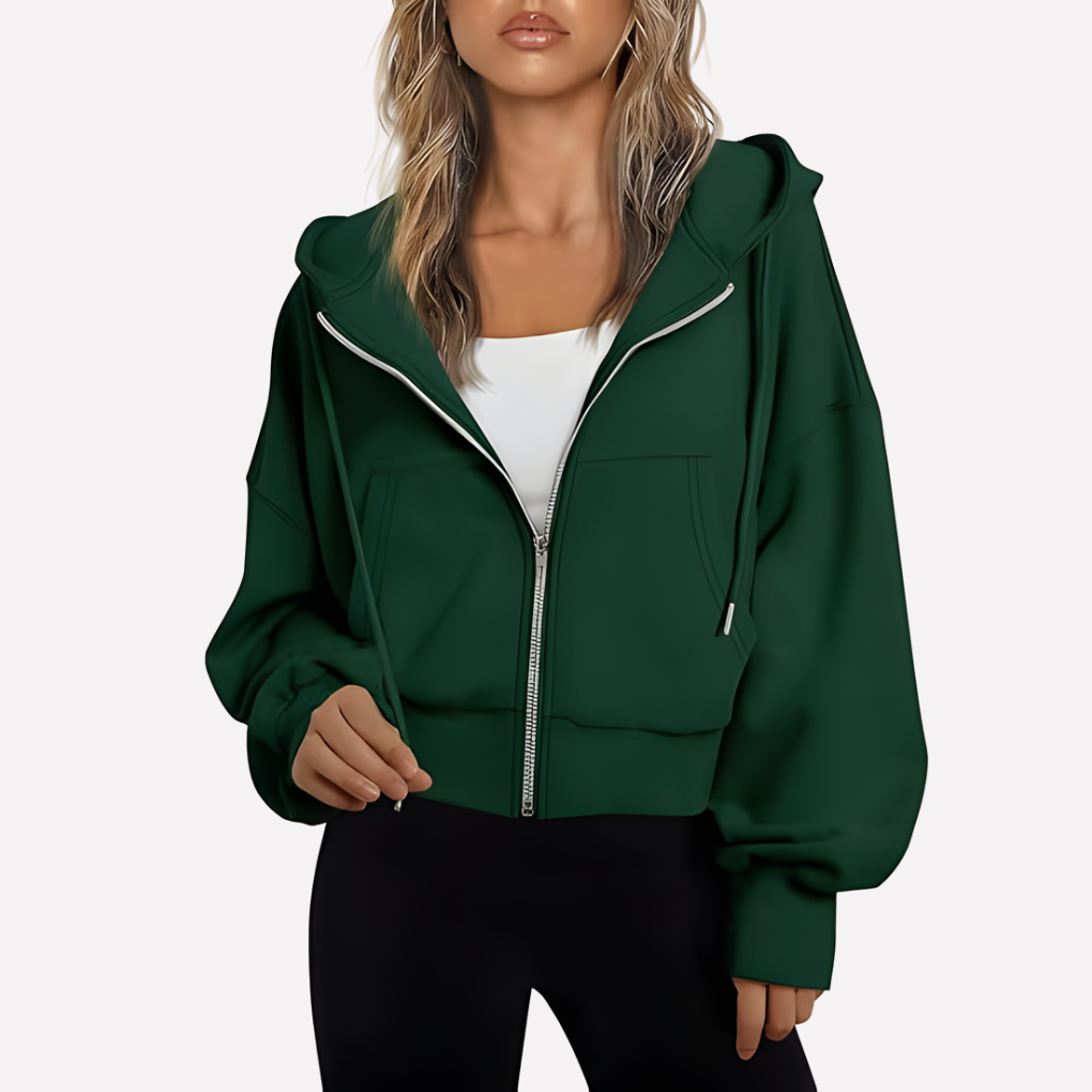 Felpa con zip da donna, vestibilità comoda, corta, con coulisse