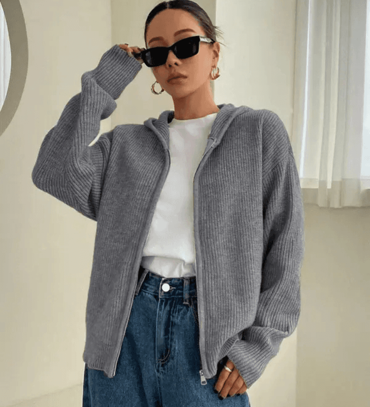 Felpa con cappuccio e cerniera in maglia da donna