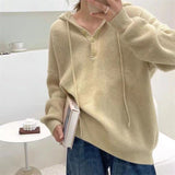 Maglione da donna con cappuccio e lavorazione a coste – Pullover morbido con scollo con bottoni per comodi look quotidiani a strati