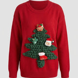 Maglione da donna in maglia con albero di Natale 3D – Pullover girocollo festivo con applicazione materica