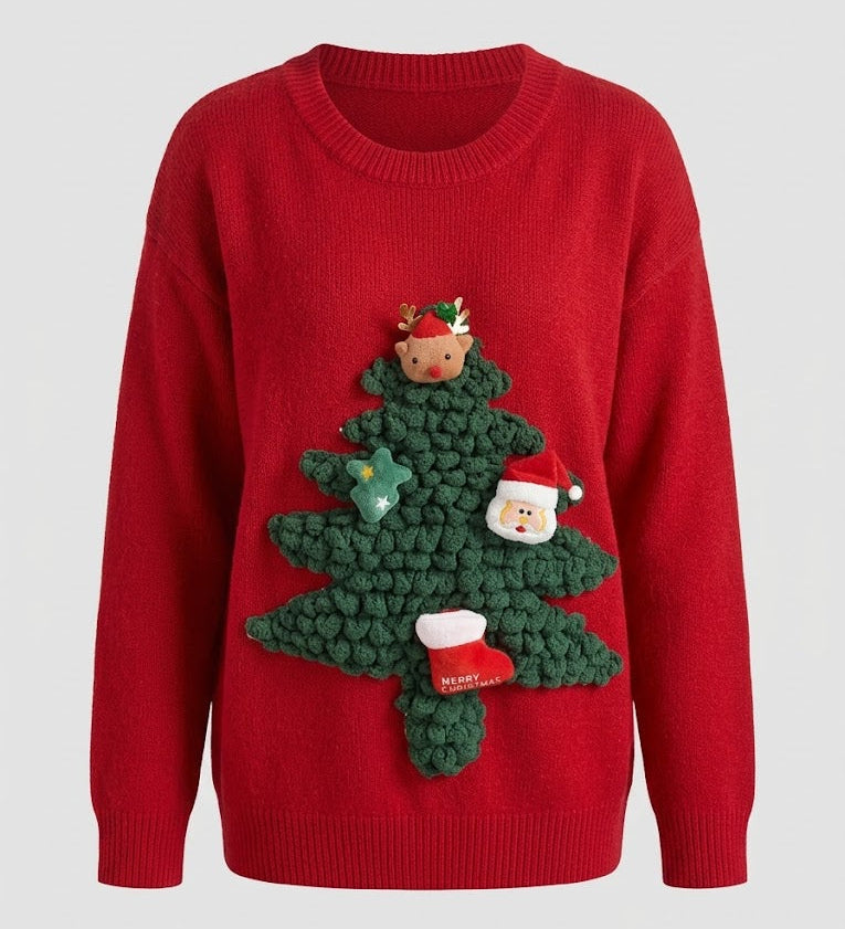 Maglione da donna in maglia con albero di Natale 3D – Pullover girocollo festivo con applicazione materica