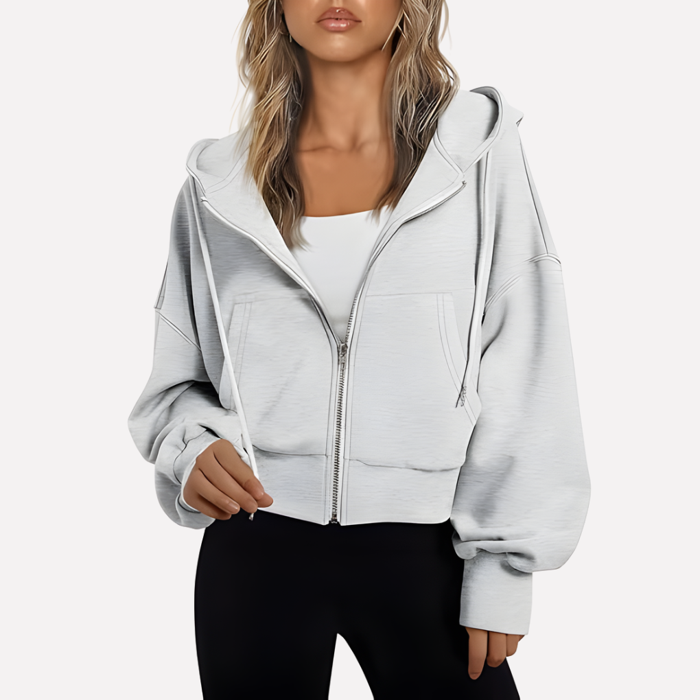 Felpa con zip da donna, vestibilità comoda, corta, con coulisse