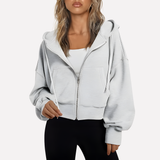 Felpa con zip da donna, vestibilità comoda, corta, con coulisse