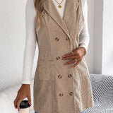 Giacca-gilet lunga da donna in velluto a coste tinta unita – Modello casual a doppio petto con tasche, ideale per look a strati