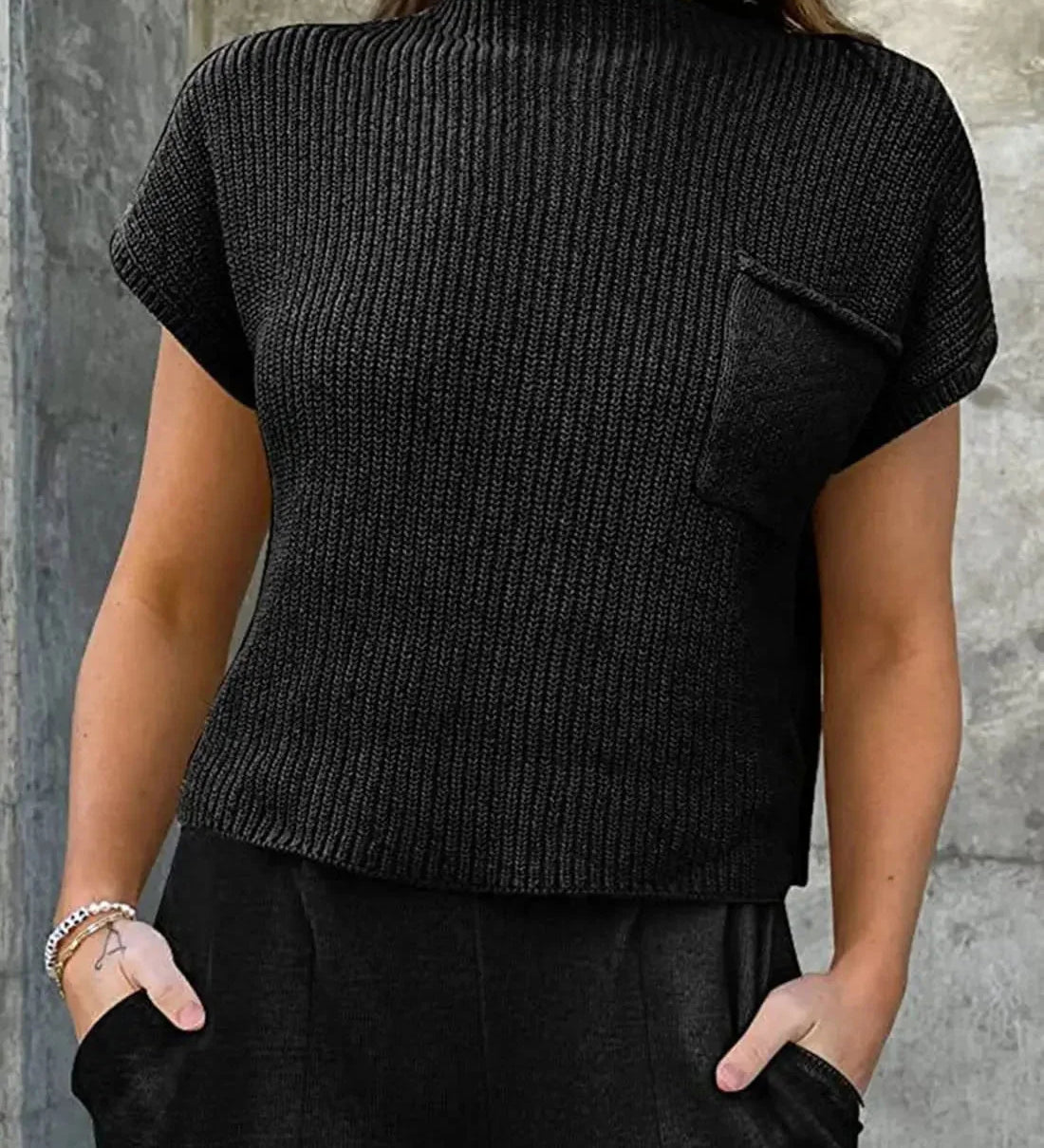 Top in maglia a coste da donna a maniche corte – camicia dal taglio rilassato con collo a lupetto, ideale per l’ufficio e il tempo libero