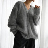 Cardigan morbido da donna con scollo a V – Maglia ampia e soffice con bottoni, per autunno e inverno