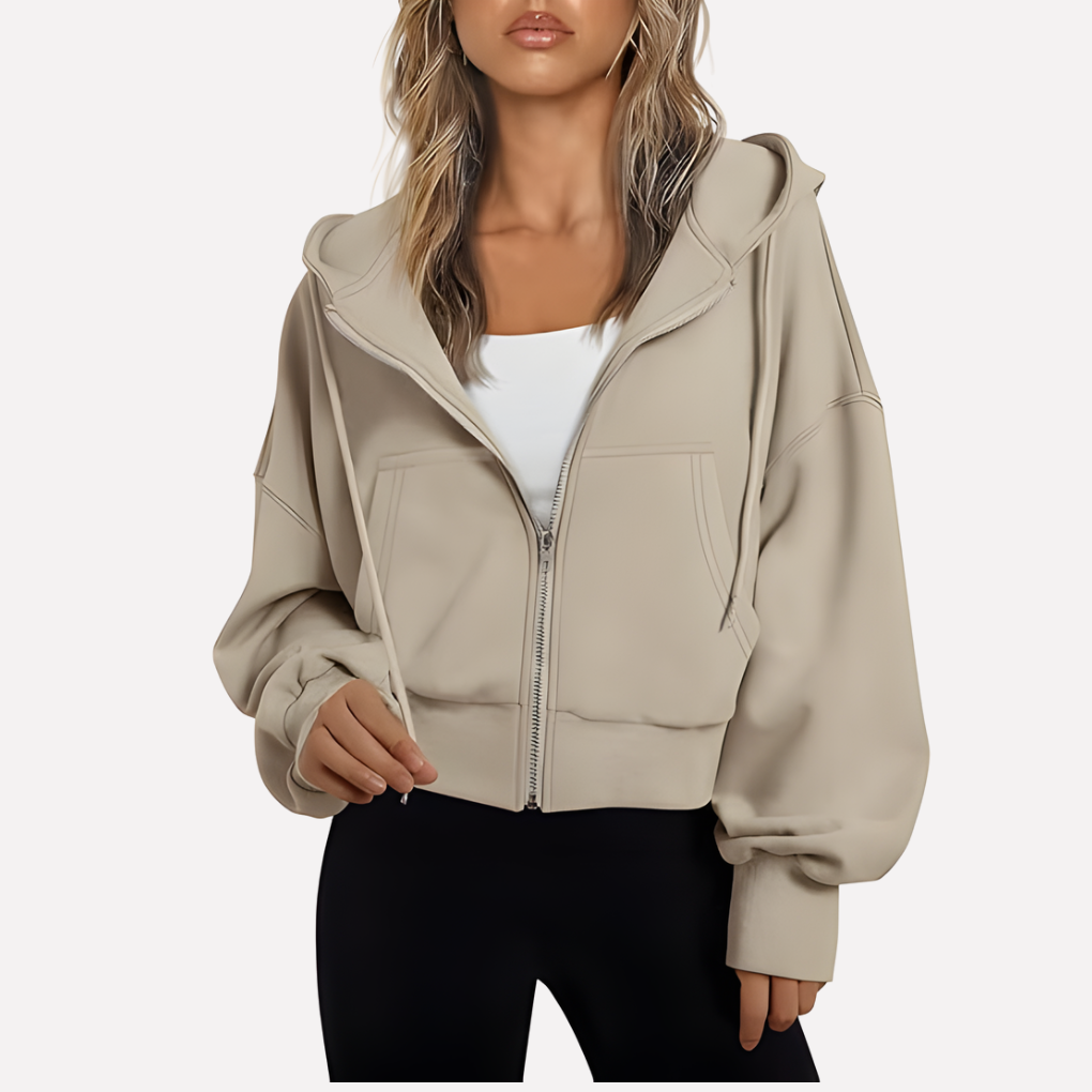 Felpa con zip da donna, vestibilità comoda, corta, con coulisse
