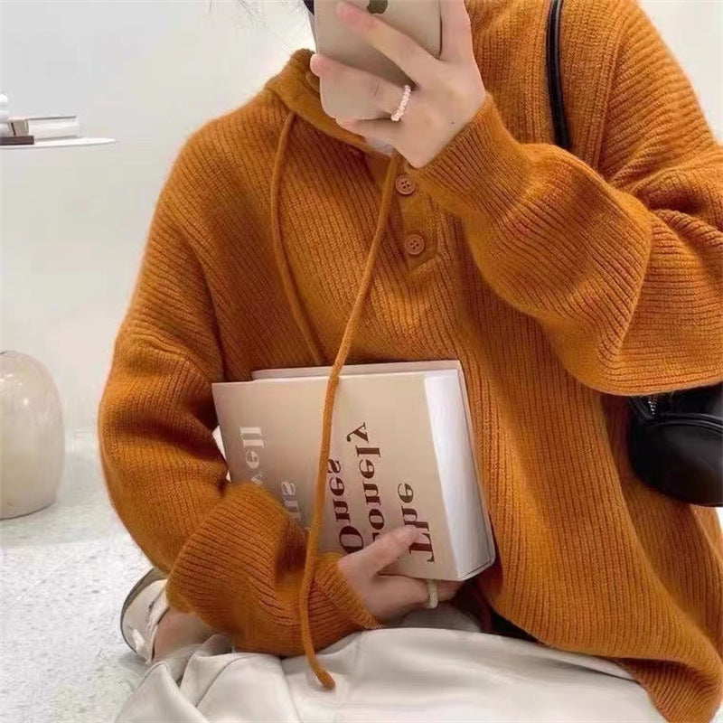 Maglione da donna con cappuccio e lavorazione a coste – Pullover morbido con scollo con bottoni per comodi look quotidiani a strati