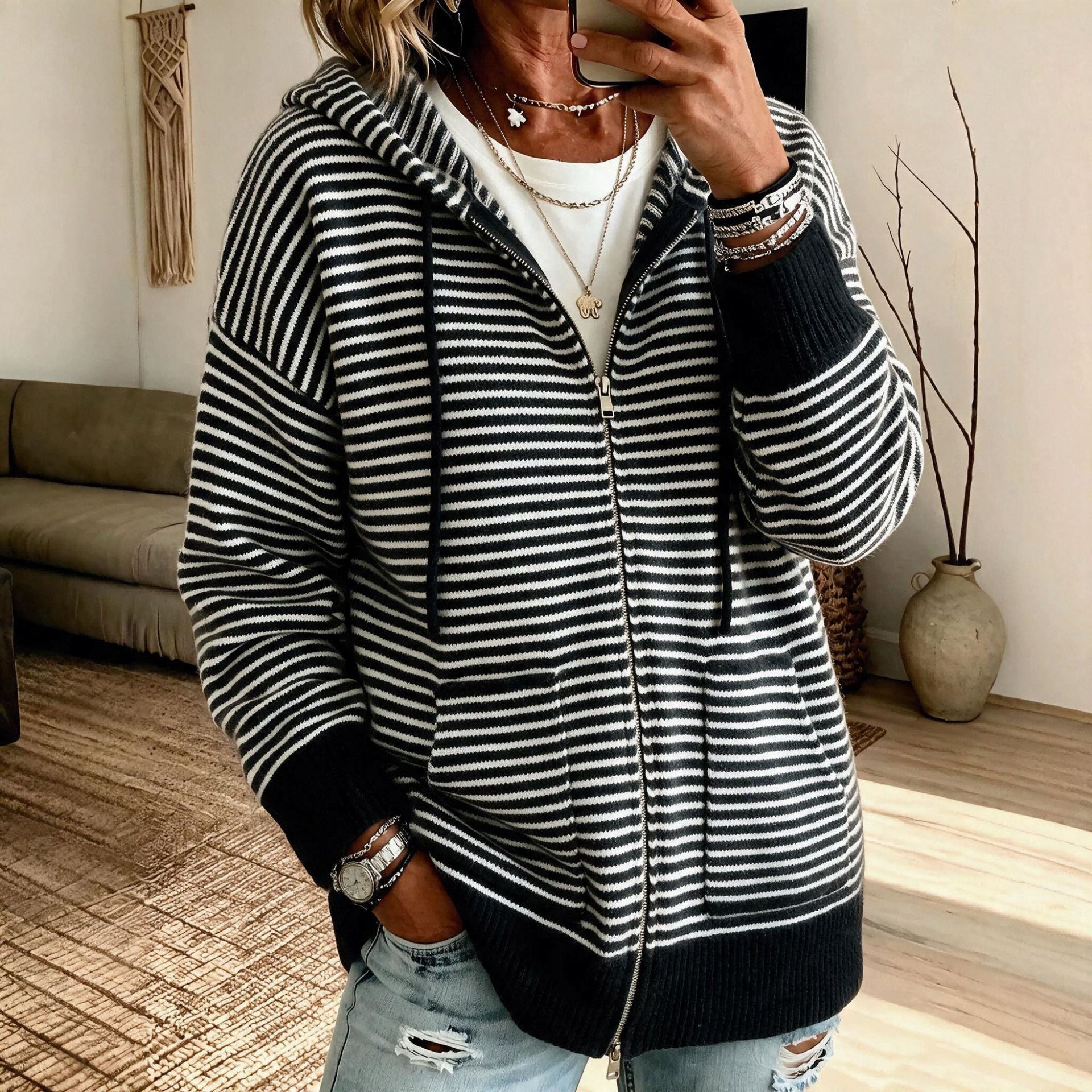 Cardigan rigato donna con cappuccio - Morbido e casual
