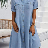 Elegante vestito camicia midi in denim da donna – Abito casual leggero da tutti i giorni