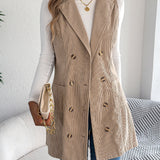 Giacca-gilet lunga da donna in velluto a coste tinta unita – Modello casual a doppio petto con tasche, ideale per look a strati