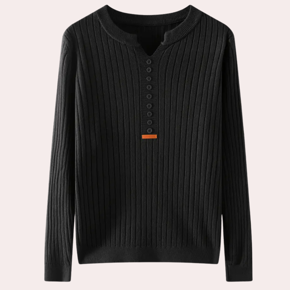 Maglione a coste da donna con scollo a V e patta con bottoni