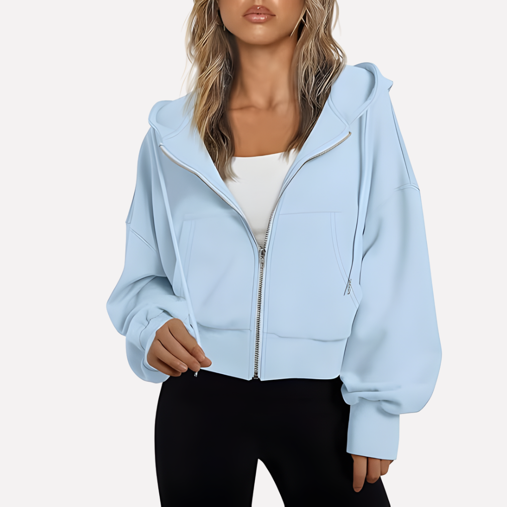 Felpa con zip da donna, vestibilità comoda, corta, con coulisse