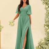 Abito Lungo in Chiffon Elegante – Silhouette Fluida A-Line con Spacco Laterale e Volant