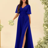 Abito Lungo in Chiffon Elegante – Silhouette Fluida A-Line con Spacco Laterale e Volant