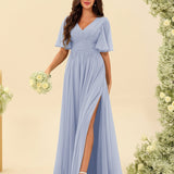 Abito Lungo in Chiffon Elegante – Silhouette Fluida A-Line con Spacco Laterale e Volant