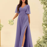 Abito Lungo in Chiffon Elegante – Silhouette Fluida A-Line con Spacco Laterale e Volant