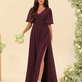 Abito Lungo in Chiffon Elegante – Silhouette Fluida A-Line con Spacco Laterale e Volant