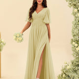 Abito Lungo in Chiffon Elegante – Silhouette Fluida A-Line con Spacco Laterale e Volant