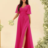 Abito Lungo in Chiffon Elegante – Silhouette Fluida A-Line con Spacco Laterale e Volant