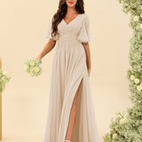 Abito Lungo in Chiffon Elegante – Silhouette Fluida A-Line con Spacco Laterale e Volant