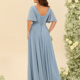 Abito Lungo in Chiffon Elegante – Silhouette Fluida A-Line con Spacco Laterale e Volant
