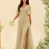 Abito Lungo in Chiffon Elegante – Silhouette Fluida A-Line con Spacco Laterale e Volant