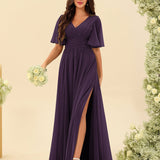 Abito Lungo in Chiffon Elegante – Silhouette Fluida A-Line con Spacco Laterale e Volant