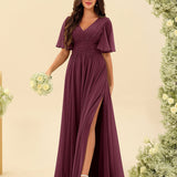 Abito Lungo in Chiffon Elegante – Silhouette Fluida A-Line con Spacco Laterale e Volant