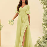 Abito Lungo in Chiffon Elegante – Silhouette Fluida A-Line con Spacco Laterale e Volant
