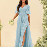 Abito Lungo in Chiffon Elegante – Silhouette Fluida A-Line con Spacco Laterale e Volant