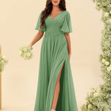 Abito Lungo in Chiffon Elegante – Silhouette Fluida A-Line con Spacco Laterale e Volant
