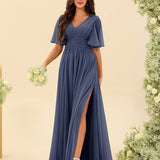 Abito Lungo in Chiffon Elegante – Silhouette Fluida A-Line con Spacco Laterale e Volant